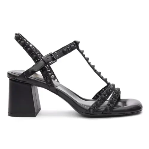 ASH Janice Bis Studded T-Strap Block Heel Sandal Black/Black Best